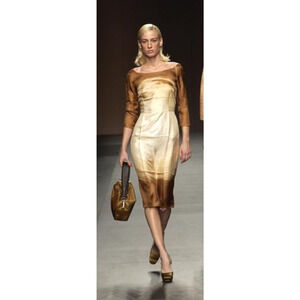 Prada Silk Boatneck Knee Length Sheath Dress Brown Cream Womens 44 IT / US 8